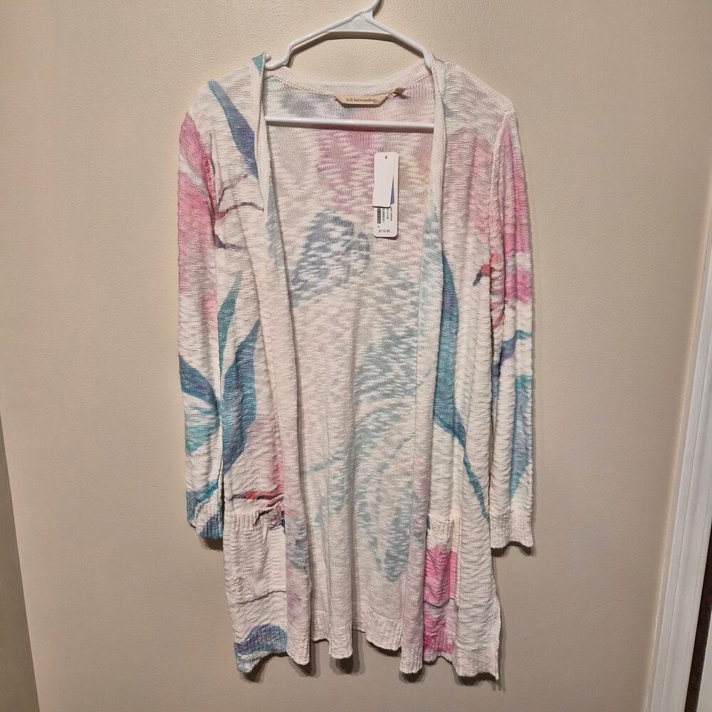 Soft Surroundings XS NWT Mari Cardigan Ecru Blooms White Pockets Floral